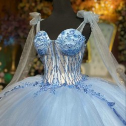 Off The Shoulder Sky Blue Shiny Quinceanera Dress Applique Lace Beads Vestidos De 15 Princess Sweet 16 Birthday XV Ball Gown