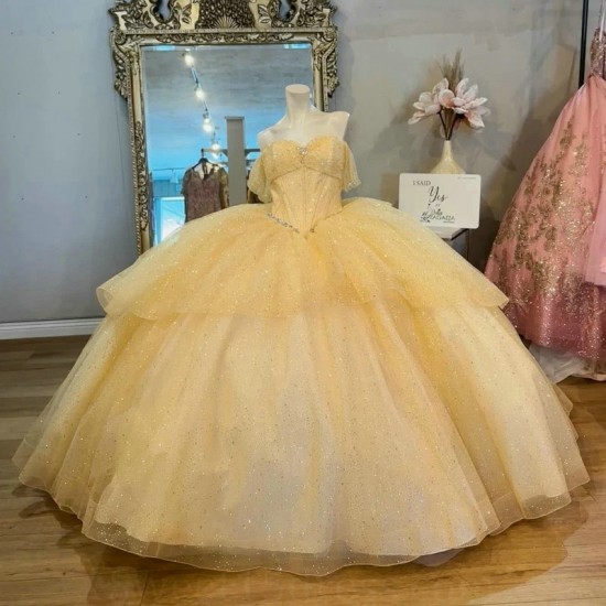 Off The Shoulder Yellow Shiny Quinceanera Dress Ball Gown Crystal Beading Bow Tull Sweet 16 Vestido De 15 Anos