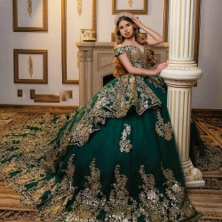 Off the Shoulder Emerald Green Quinceanera Dress Ball Gown Gold Lace Applique Beads Tull Corset Sweet 16 Vestidos De 15 Anos