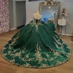 Off the Shoulder Emerald Green Quinceanera Dresses For 16 Girl Gold Applique Lace Beads Crystal Princess Ball Gown 15th Birthday