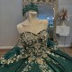 Off the Shoulder Emerald Green Quinceanera Dresses For 16 Girl Gold Applique Lace Beads Crystal Princess Ball Gown 15th Birthday