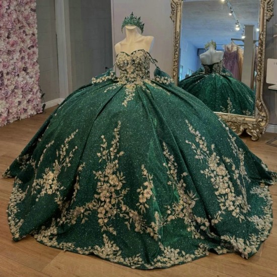 Off the Shoulder Emerald Green Quinceanera Dresses For 16 Girl Gold Applique Lace Beads Crystal Princess Ball Gown 15th Birthday