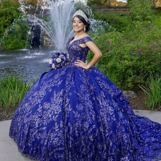 Off the Shoulder Navy Blue Princess Quinceanera Dresses Ball Gown 2024 Sweet 16Dress Beads Appliques Lace Beads 15th Party Gown