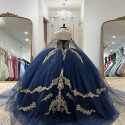 Off the Shoulder Navy Blue Quinceanera Dresses For 16 Girl Gold Appliques Beads Princess Ball Gowns Birthday Prom Vestidos De XV