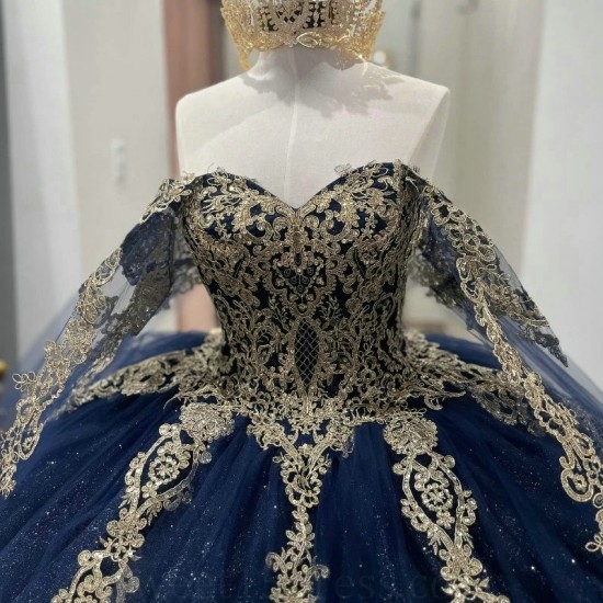 Off the Shoulder Navy Blue Quinceanera Dresses For 16 Girl Gold Appliques Beads Princess Ball Gowns Birthday Prom Vestidos De XV