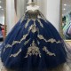 Off the Shoulder Navy Blue Quinceanera Dresses For 16 Girl Gold Appliques Beads Princess Ball Gowns Birthday Prom Vestidos De XV