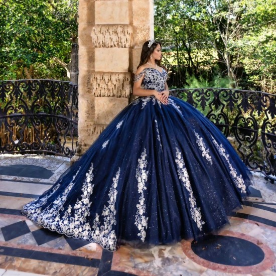 Off the Shoulder Navy Blue Shiny Beading Ball Gown Quinceanera Dresses Sequined Appliques Lace Tull Corset Vestidos De 15 Anos