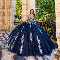 Off the Shoulder Navy Blue Shiny Beading Ball Gown Quinceanera Dresses Sequined Appliques Lace Tull Corset Vestidos De 15 Anos