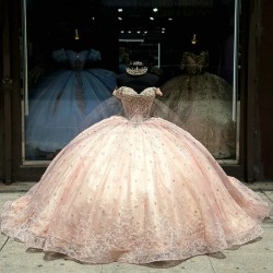 Off the Shoulder Pink Glitter Crystal Beading Ball Gown Quinceanera Dresses Appliques Lace Beads Tull Corset Vestidos De 15 Anos