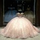 Off the Shoulder Pink Glitter Crystal Beading Ball Gown Quinceanera Dresses Appliques Lace Beads Tull Corset Vestidos De 15 Anos