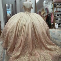 Off the Shoulder Pink Princess Quinceanera Dresses Ball Gown 2024 Sweet 16 Dress Beads Gold Appliques Lace Beads Crystal 15th