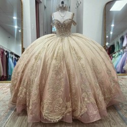 Off the Shoulder Pink Princess Quinceanera Dresses Ball Gown 2024 Sweet 16 Dress Beads Gold Appliques Lace Beads Crystal 15th