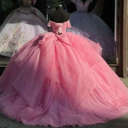 Off the Shoulder Pink Shiny Quinceanera Dresses Mexican Ball Gown Beads Crystal Bow Tull Princess Sweet 16 Vestido De 15 Anos