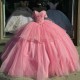 Off the Shoulder Pink Shiny Quinceanera Dresses Mexican Ball Gown Beads Crystal Bow Tull Princess Sweet 16 Vestido De 15 Anos