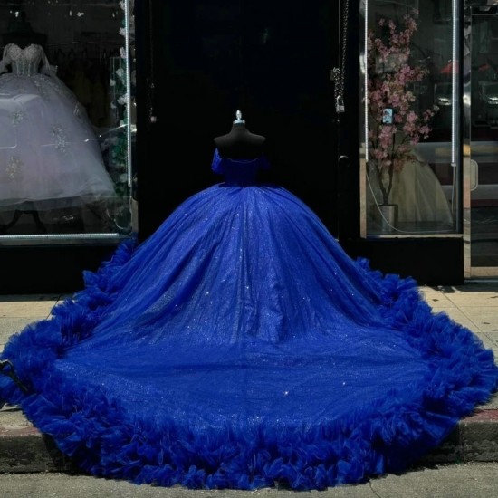 Off the Shoulder Royal Blue Shiny Quinceanera Dresses Ball Gown for Girls15 Beads Tull Tiered Sweet 16 Vestidos 15 De Fiesta