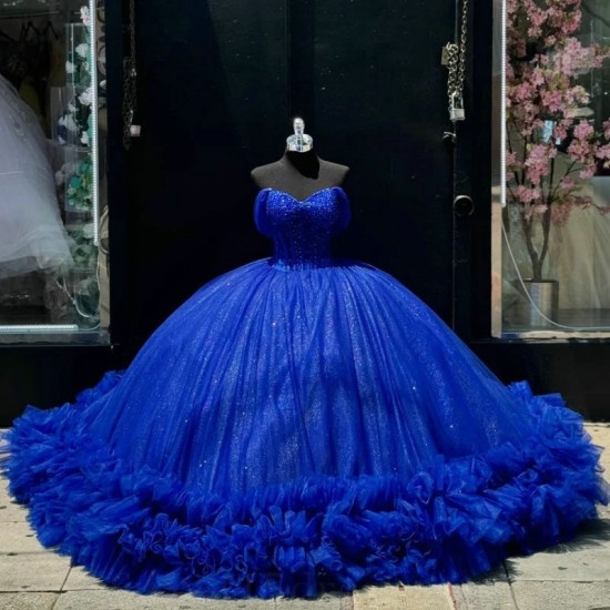 Off the Shoulder Royal Blue Shiny Quinceanera Dresses Ball Gown for Girls15 Beads Tull Tiered Sweet 16 Vestidos 15 De Fiesta