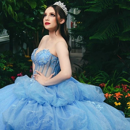 Off the Shoulder Sky Blue Quinceanera Dress Ball Gown Appliques Beads Princess Tulle Tiered Vestidos De 15 Anos Birthday Party