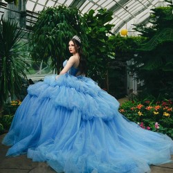 Off the Shoulder Sky Blue Quinceanera Dress Ball Gown Appliques Beads Princess Tulle Tiered Vestidos De 15 Anos Birthday Party