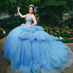 Off the Shoulder Sky Blue Quinceanera Dress Ball Gown Appliques Beads Princess Tulle Tiered Vestidos De 15 Anos Birthday Party