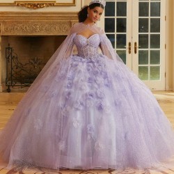 Princess Light Lilac Ball Gown Quinceanera Dress 3D Flower Beads Crystal Sequin With Cape Sweet 16 Dress Vestido De 15Anos