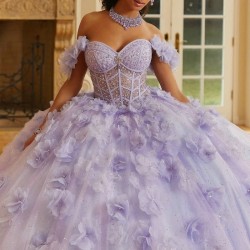 Princess Light Lilac Ball Gown Quinceanera Dress 3D Flower Beads Crystal Sequin With Cape Sweet 16 Dress Vestido De 15Anos