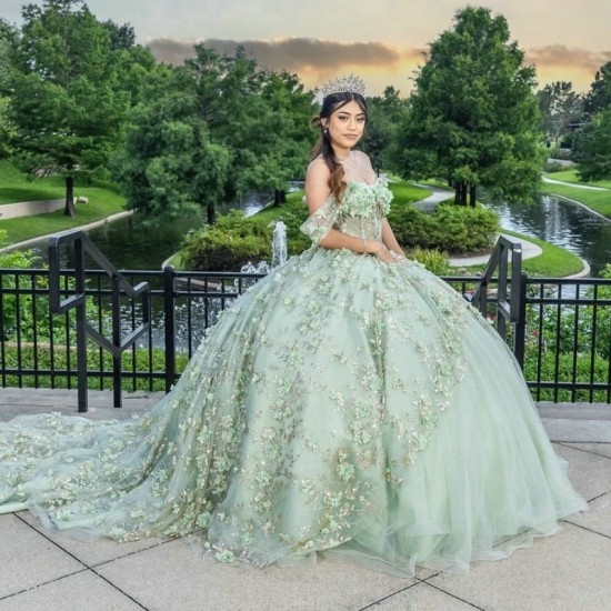 Puffy Mint Green Princess Quinceanera Dresses 2024 Off Shoulder 3D Floral Gillter Sequins Lace up Corset Vestidos 15 anos rosa