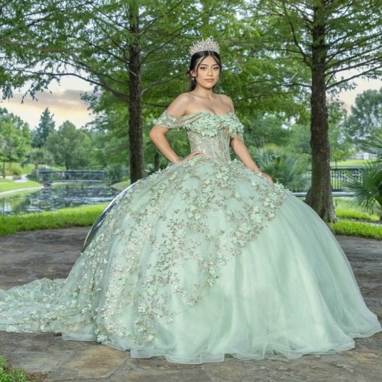 Puffy Mint Green Princess Quinceanera Dresses 2024 Off Shoulder 3D Floral Gillter Sequins Lace up Corset Vestidos 15 anos rosa