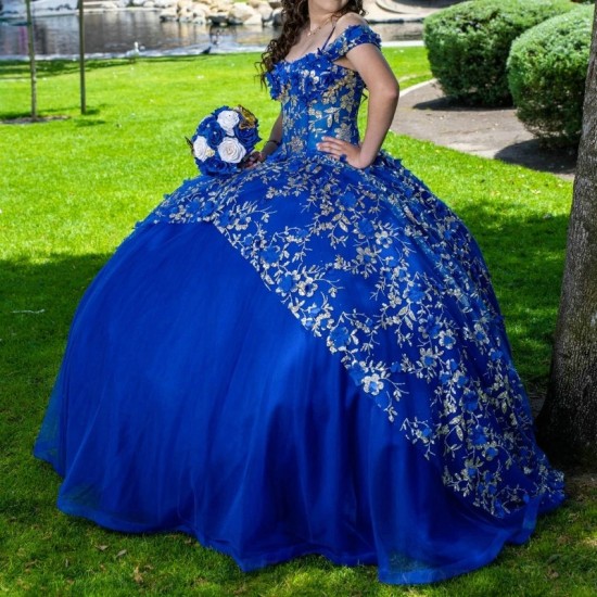 Puffy Royal Blue Princess Quinceanera Dresses 2024 Off Shoulder 3D Floral Gillter Sequins Lace up Corset Vestidos 15 anos rosa