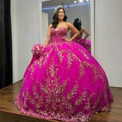 Rose Red Shiny Quinceanera Dress Ball Gown Applique Lace Crystal Beading Tull Off The Shoulder Sweet 16 Vestido De 15 Anos