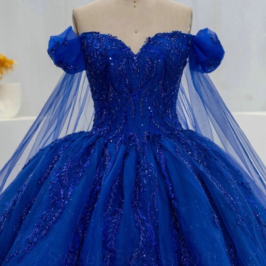 Royal Blue Quinceanera Dress For Sweet 16 Off The Shoulder Sequined Lace Beaded Crystal Tull Graduatin Party Prom Dress vestidos