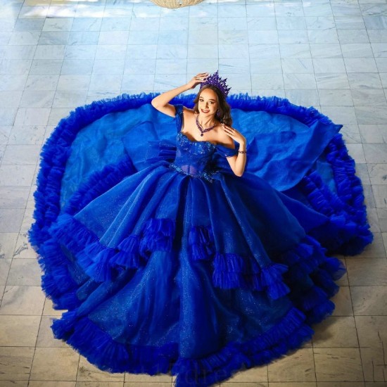 Ruffle Royal Blue Shiny Ball Gown Quinceanera Dress 2024 Pleats Beads Princess Mexico Sweet 16 Dress 15 Birthday Vestidos De XV