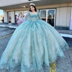 Ruffles Aqua Blue Shiny Quinceanera Dress Ball Gown 3D Floral Lace Applique Beaded With Cape Sweet 16 Vestido 15 De Anos