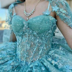 Ruffles Aqua Blue Shiny Quinceanera Dress Ball Gown 3D Floral Lace Applique Beaded With Cape Sweet 16 Vestido 15 De Anos