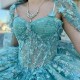 Ruffles Aqua Blue Shiny Quinceanera Dress Ball Gown 3D Floral Lace Applique Beaded With Cape Sweet 16 Vestido 15 De Anos