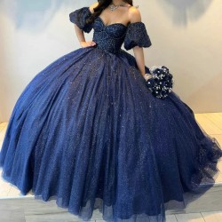 Sea Blue Off The Shoulder Pleat Ball Gown Quinceanera Dresses Glitter Crystal Beading Tull Birthday Party Sweet 16 Vestidos De