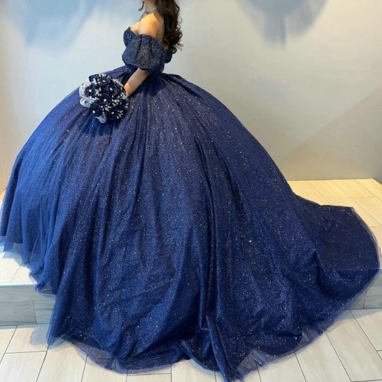 Sea Blue Off The Shoulder Pleat Ball Gown Quinceanera Dresses Glitter Crystal Beading Tull Birthday Party Sweet 16 Vestidos De