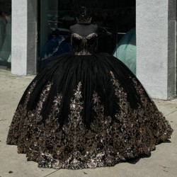 Sequined Black Appliques Cinnamon Quinceanera Dress Ball Gown Off The Shoulder Birthday Dress Lace Up quinceanera de 15 anos