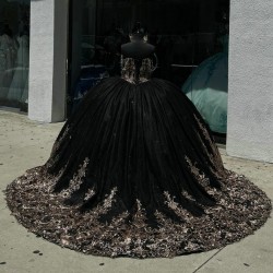 Sequined Black Appliques Cinnamon Quinceanera Dress Ball Gown Off The Shoulder Birthday Dress Lace Up quinceanera de 15 anos