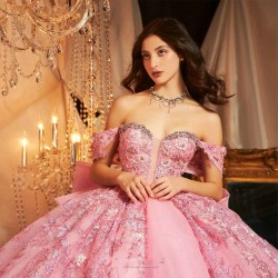 Sequined Pink Appliques Beading Shiny Crystal Ball Gown Quinceanera Dresses Off The Shoulder Bow Corset Vestidos De 15 Anos