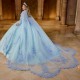 Sequined Sky Blue Appliques Beading Shiny Crystal Tull Ball Gown Quinceanera Dresses With Cape Corset Vestidos De 15 Anos