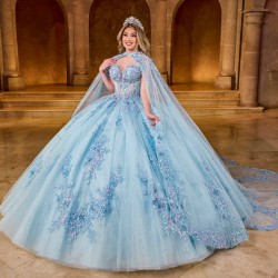 Sequined Sky Blue Appliques Beading Shiny Crystal Tull Ball Gown Quinceanera Dresses With Cape Corset Vestidos De 15 Anos