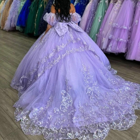 Sequins Lavender Glitter Quinceanera Dresses Appliques Lace Beads Tull Princess Off The Shoulder Sweet 16 Dress Vestidos De 15