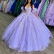 Sequins Lavender Glitter Quinceanera Dresses Appliques Lace Beads Tull Princess Off The Shoulder Sweet 16 Dress Vestidos De 15