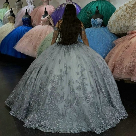 Sexy Off Shoulder Quinceanera Dress Lace Applique Beads Crystal Tull Birthday Party Sweet 16 Princess Ball Gowns Vestidos De