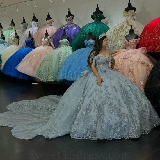 Sexy Off Shoulder Quinceanera Dress Lace Applique Beads Crystal Tull Birthday Party Sweet 16 Princess Ball Gowns Vestidos De