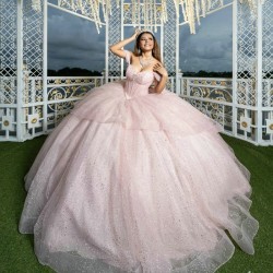 Shiny Ball Gown Pink Quinceanera Dresses 2024 Sweetheart Beads Crystal Bow Tull Sweet 16 Corset Vestidos De 15 Anos Masquerade