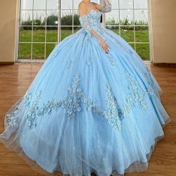 Shiny Ball Gown Sky Blue Quinceanera Dresses Sequined Appliques Beading Crystal Corset Vestidos De 15 Anos Sweet 16 Dress