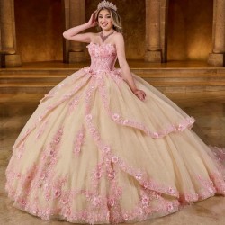 Shiny Champagne Quinceanera Dresses With Pink Lace Appliqued Ball Gown Prom Dress For 16 Year Old Vestidos 15 De XV Anos