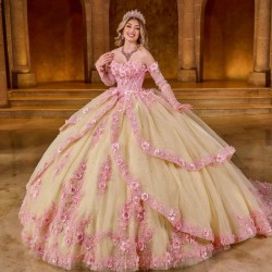 Shiny Champagne Quinceanera Dresses With Pink Lace Appliqued Ball Gown Prom Dress For 16 Year Old Vestidos 15 De XV Anos