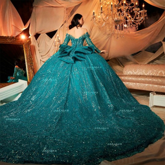 Shiny Emerald Green Princess Sweetheart Quinceanera Dresses Off shoulder Gillter Lace up Corset Charro vestido xv 15 anos